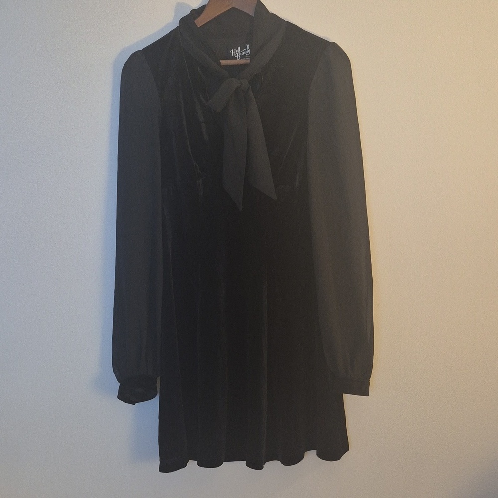 Womens HB Gabriella Mini Dress Black Velvet Chiffon Bow Goth Retro S/M - Picture 3 of 8